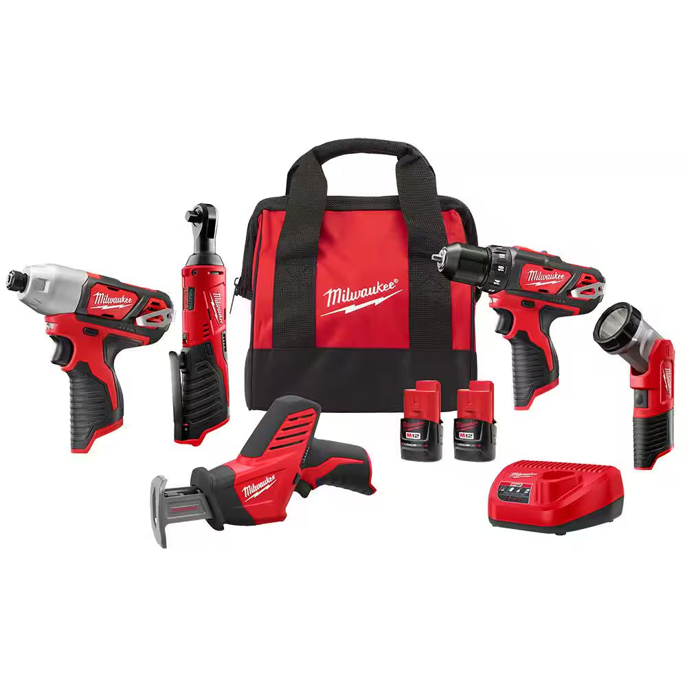 M12 12V Lithium-Ion Cordless Combo Kit (5-Tool) with Two 1.5 Ah Batteries, Charger and Tool Bag